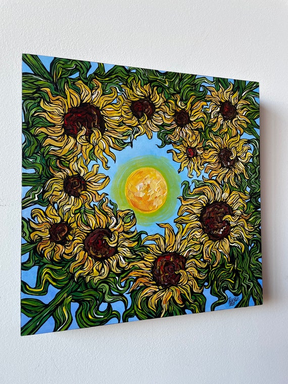 12x12” Looking Up through the Sunflowers at the Sun original acrylic painting by Tracy Levesque
