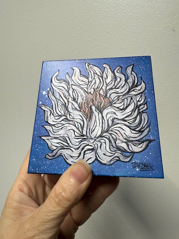 4x4” Iridecent Silver and Blue Lotus Galaxy  Flower Water Lilies original acrylic painting by Tracy Levesque