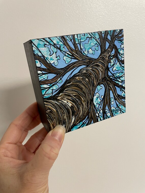 4x4” Looking Up the Winter Tree original painting by Tracy Levesque