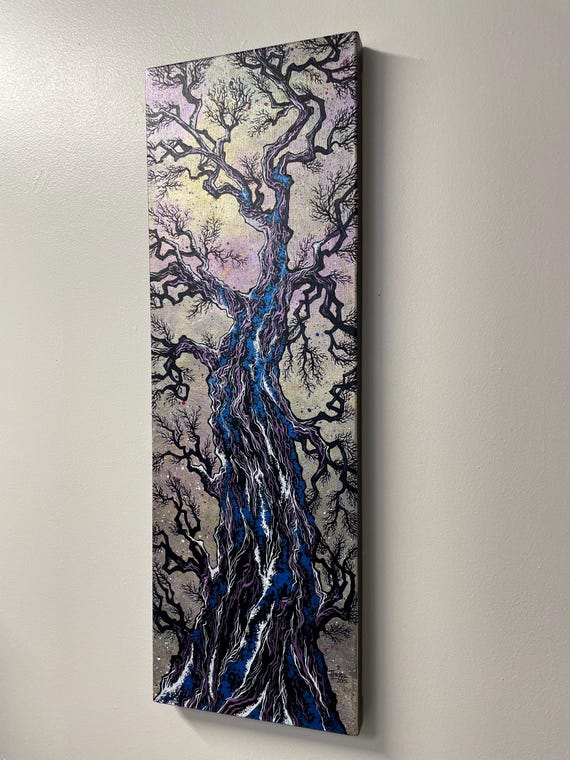 12x36” Enchantment Iridescent Night Sky Tree Painting Starry Night Perspective Looking Up the Tree Acrylic Painting by Tracy Levesque