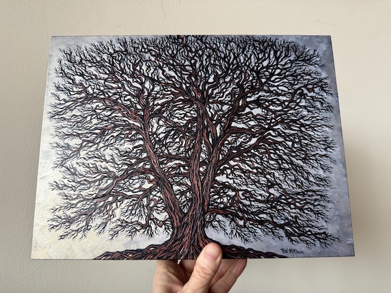 Triple Oak Red Oak Tree Painting: Iridescent Oak Tree Art (9x12)”