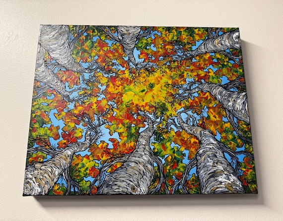 Looking Up the Fall Birch Trees Painting: Original Acrylic on Canvas, 16x20"