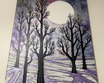 Iridescent Winter Landscape Painting: Snow Trees, Moon, 24x30” Acrylic Art