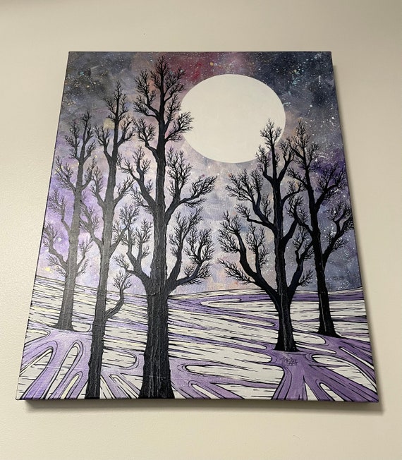 30x24” Breath of Winter Iridescent Snow Landscape Winter Trees and Moon original acrylic painting by Tracy Levesque