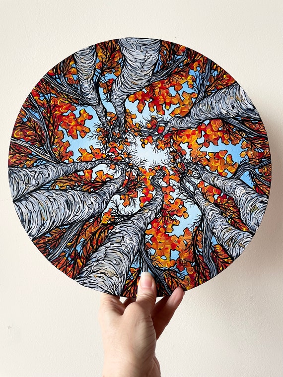 12” Round Birch Mandala Looking Up into the Birch Trees New England Nature original acrylic painting by Tracy Levesque