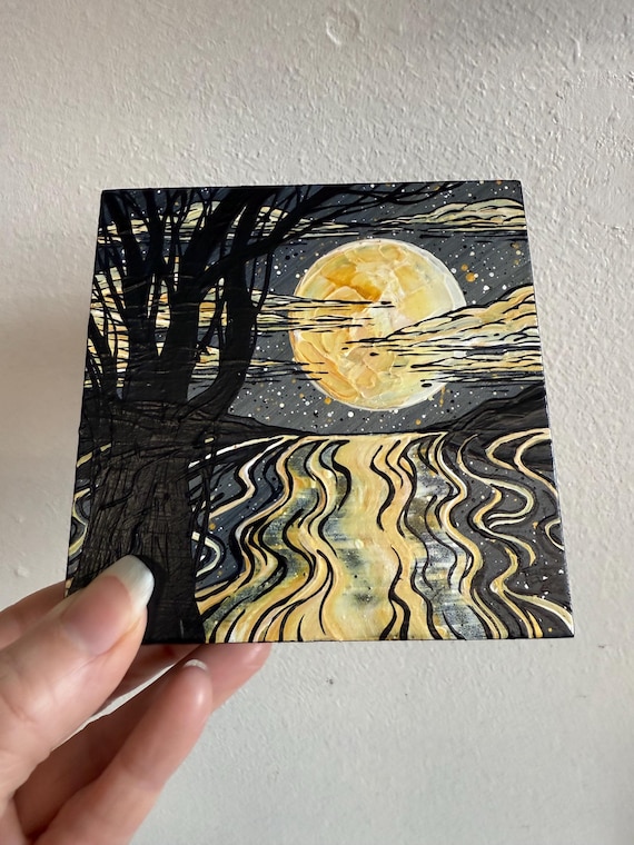 4x4" Shimmering Iridescent Black and Gold Landscape Painting Mini Moon Painting by Tracy Levesque