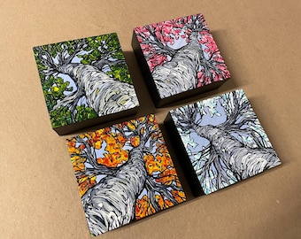 Four Seasons Tree Painting Set: Original Acrylic Art, 4x4" Wood Panel