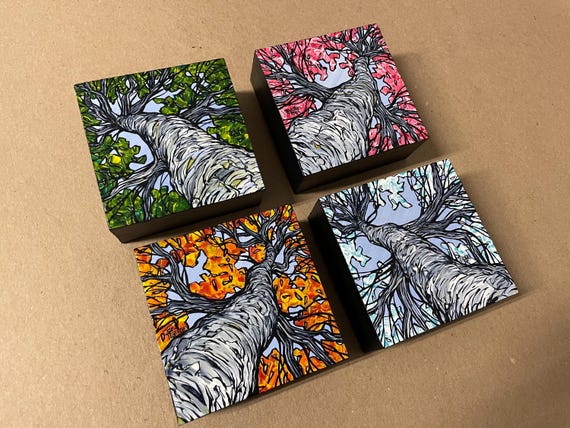 A Tree for all Seasons Looking Up Trees Four Seasons Painting Collection by Tracy Levesque (includes four 4x4” original acrylic paintings)