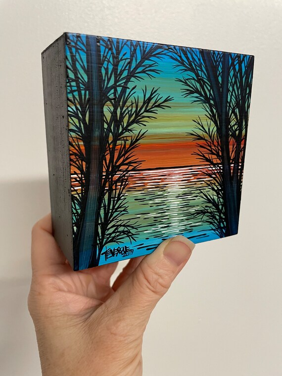 4x4” Sunset Ocean View Through the Trees Orange and Aqua Blue original painting by Tracy Levesque