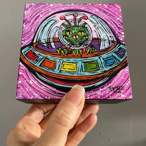 4x4” Alien Cat Extraterrestrial Whimsical  UFO Flying Saucer Sci-Fi painting by Tracy Levesque