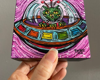 4x4” Alien Cat Extraterrestrial Whimsical  UFO Flying Saucer Sci-Fi painting by Tracy Levesque