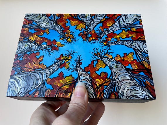 5x7” Autumn Canopy Fall Foliage Looking Up the Birch Trees original painting by Tracy Levesque