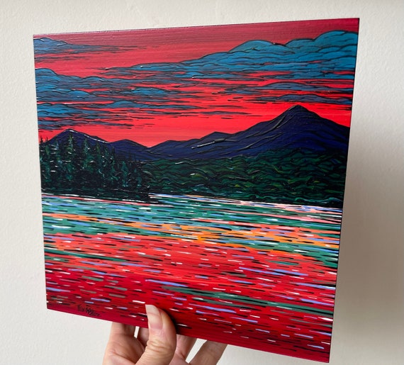 8x8” Mount Chocorua Sunset on the Lake painting by Tracy Levesque