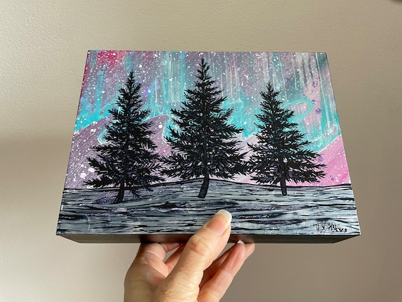 6x8” Northern Lights Trees Aurora Borealis Iridescent original acrylic painting by Tracy Levesque