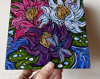 6x6” Dragonfly Lotus Flower Trio original painting by Tracy Levesque