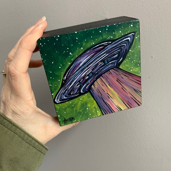 4x4" UFO Flying Saucer original acrylic painting by Tracy Levesque