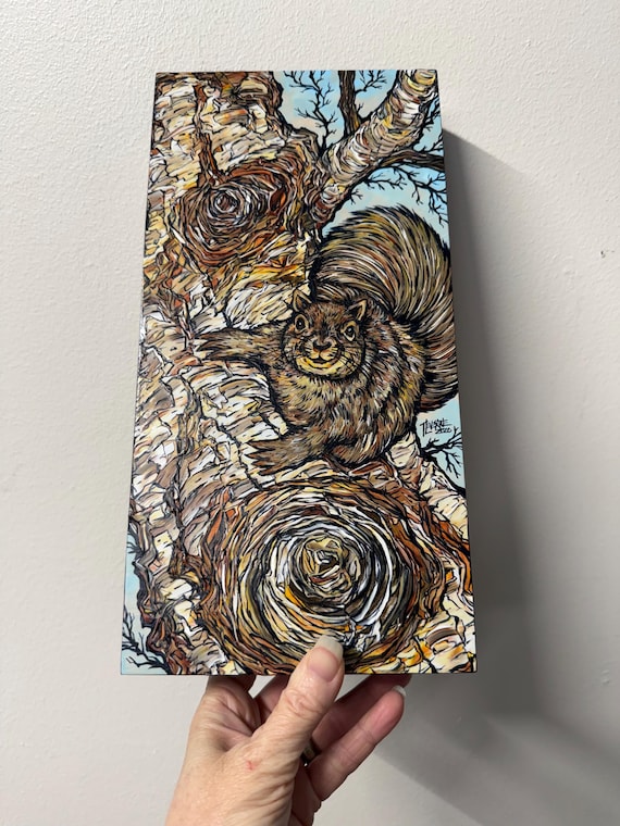 Mischievous Squirrel Birch Tree Painting by Tracy Levesque (6x12”)