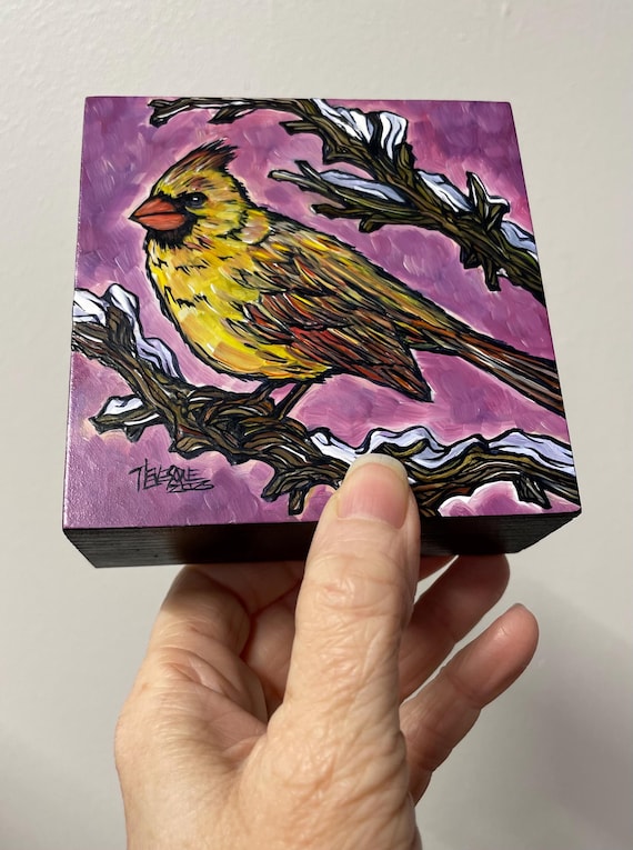 4x4” Pretty Yellow Cardinal Bird painting by Tracy Levesque