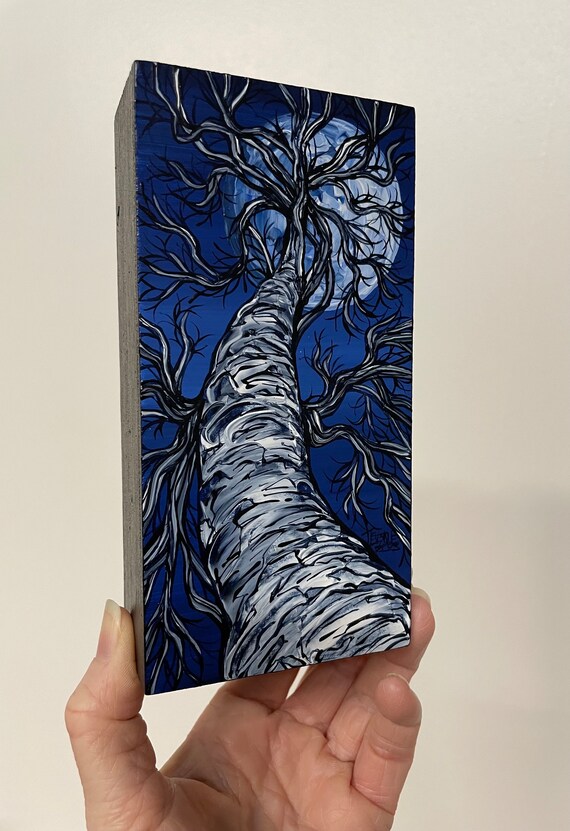 3x6” Midnight Night Sky Full Moon Birch Tree Looking Up the Tree Original Painting by Tracy Levesque