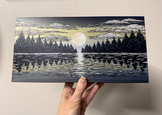6x12” Lake of Mystery Black and Gold Iridescent Moon painting by Tracy Levesque