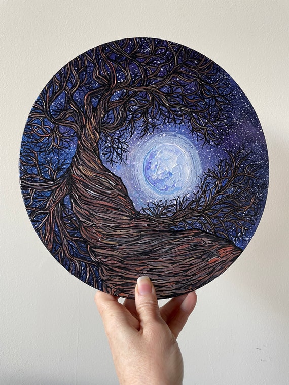 10” Round Cosmic Mooncatcher Night Sky Tree of Life Painting by Tracy Levesque