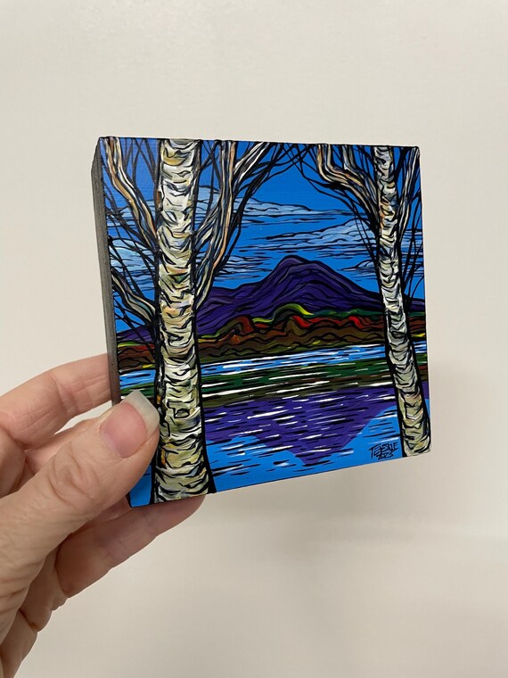 4x4" New Hampshire Mountains Stunning Birch Trees on the Lake Majestic Mountains 2 charming landscape painting by Tracy Levesque