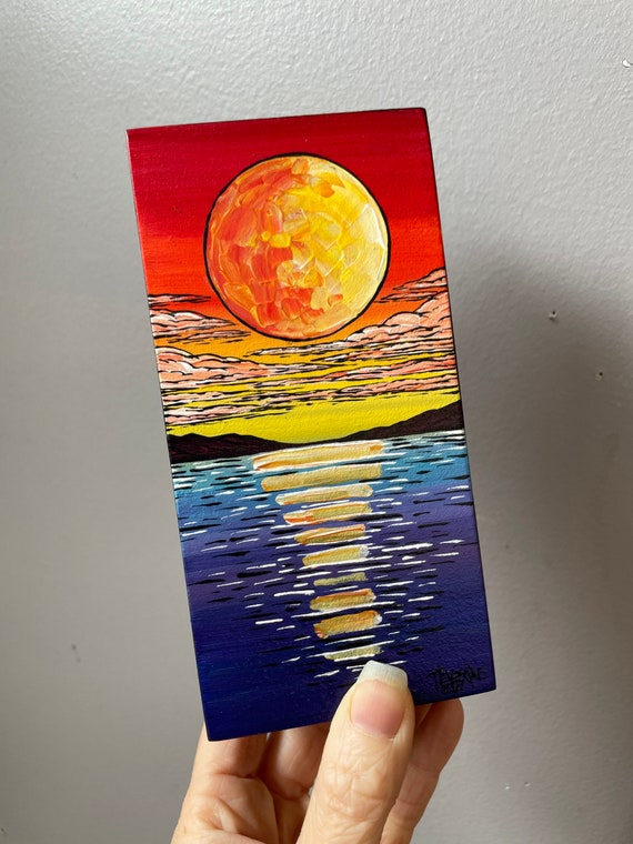 3x6” Golden Sky Seascape Moon Sun painting by Tracy Lévesque