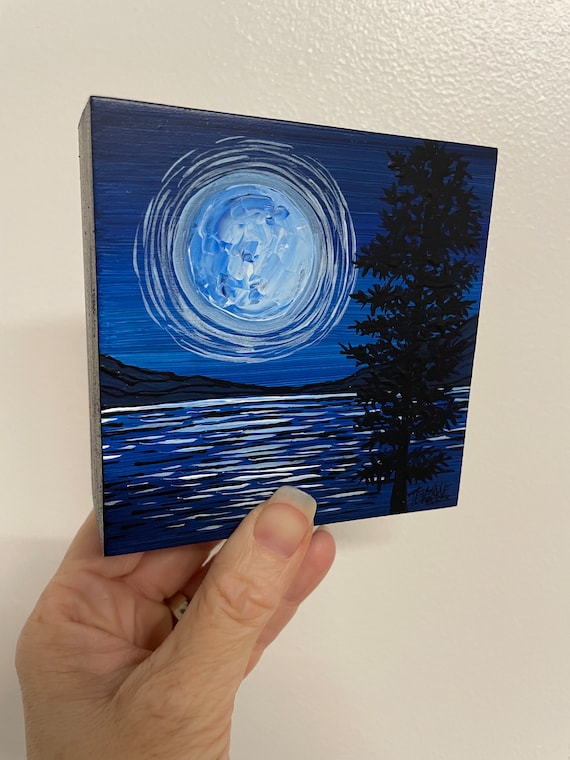 4x4" Blue Moon Radiant Moon Tree on Lake Night Sky painting by Tracy Levesque