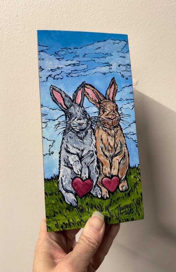 4x8” Love Bunnies Cute Rabbits Painting by Tracy Levesque