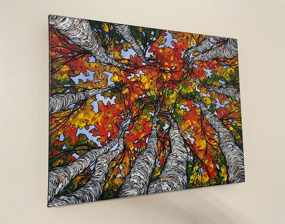 16x20” Beautiful Birches Abound Looking Up the Autumn Birch Trees Fall Birch Grove original acrylic painting by Tracy Levesque