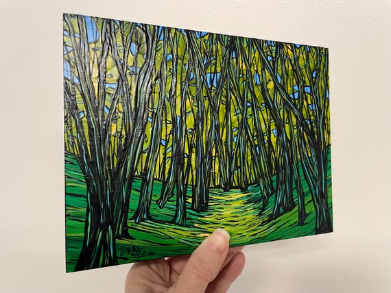 6x8” Gorgeous Green Path A Walk in the Forest Trees original acrylic painting by Tracy Levesque