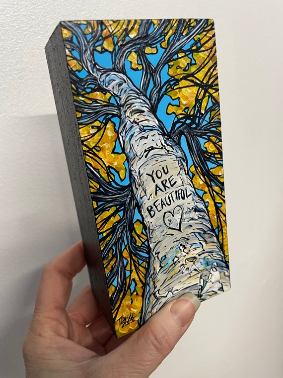 3x6” You are beautiful looking up a tree birch tree painting by Tracy Levesque