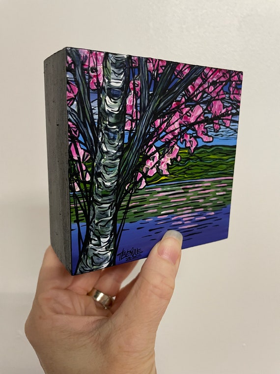4x4" Springtime Cherry Blossom on the Lake Scene landscape painting by Tracy Levesque
