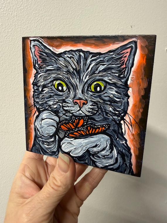 Gray Tabby Cat Acrylic Painting: Happy Cat with Butterfly, 4x4" Original Art