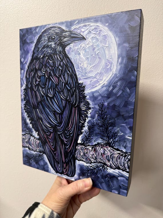 Moonlit Crow Painting by Tracy Levesque: Originl Bird Art (8x10”)