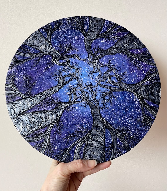 12” Round Night Sky Tree Mandala Looking Up into the Trees New England Nature Cosmos original acrylic painting by Tracy Levesque