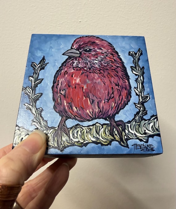 4x4” Purple Finch Painting Rose Finch Bird Painting Original Art by Tracy Levesque