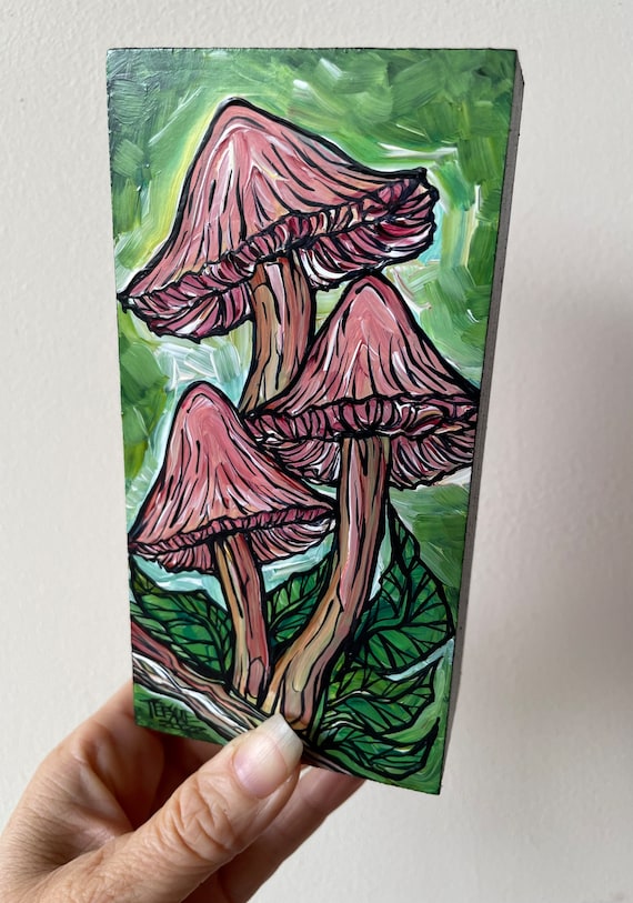 3x6” Tan Mycena Fabulous Fungi Mushroom painting by Tracy Levesque