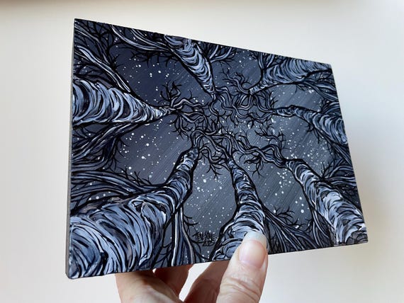 5x7” Night Sky Iridescent Trees Noir Canopy Fall Foliage Looking Up the Birch Trees original painting by Tracy Levesque