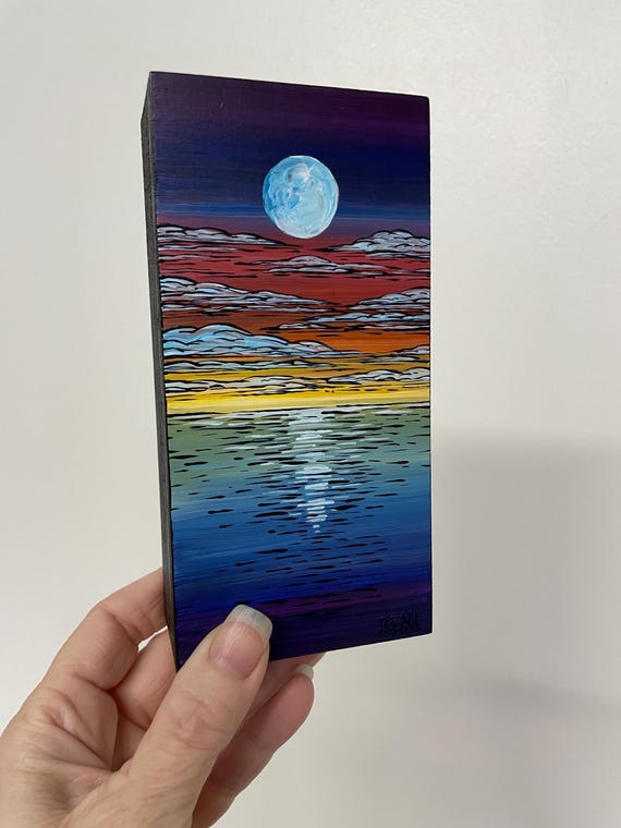 3x6” Rainbow Seascape Scene 3 Moon Over the Sea Original Painting by Tracy Levesque