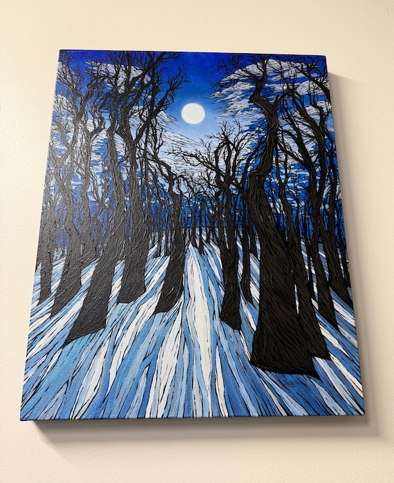 28x22” Winter Walden Pond Snow Shadows Beautiful New England Walden Pond Painting Light Through the Trees Painting by Tracy Levesque