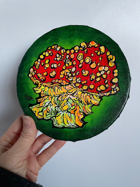 6” Round UV Reactive Fluorescent Neon Mushroom Fairytale Fungi Original Acrylic painting by Tracy Levesque