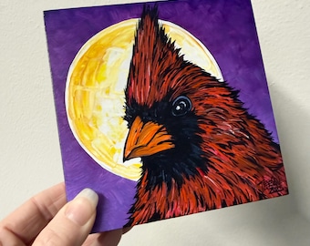 Dashing Northern Red Cardinal Sun Bird Painting (5x5”)
