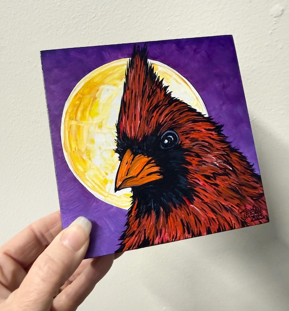 Dashing Northern Red Cardinal Sun Bird Painting (5x5”)