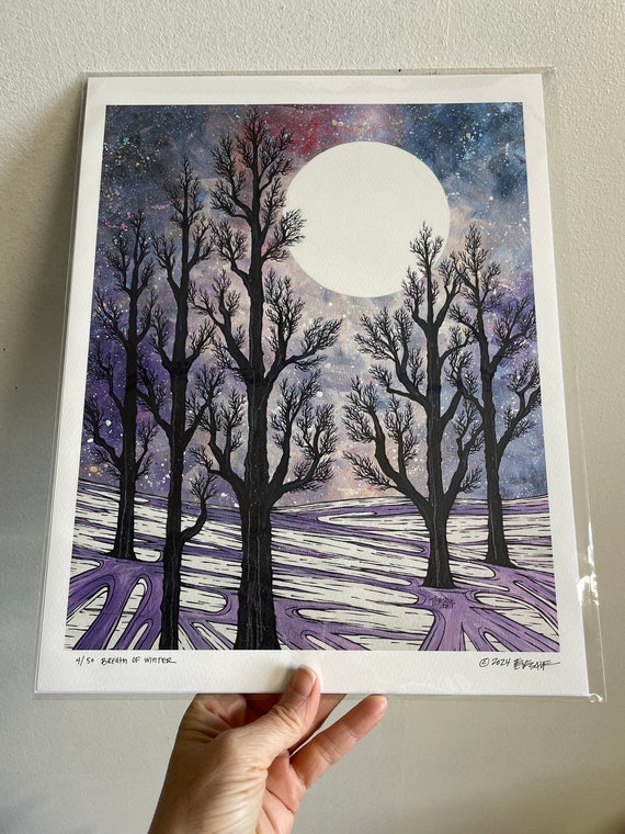 11x14” Giclee print of Breath of Winter New England Winter Scene Full Moon Snowy Landscape print by Tracy Levesque