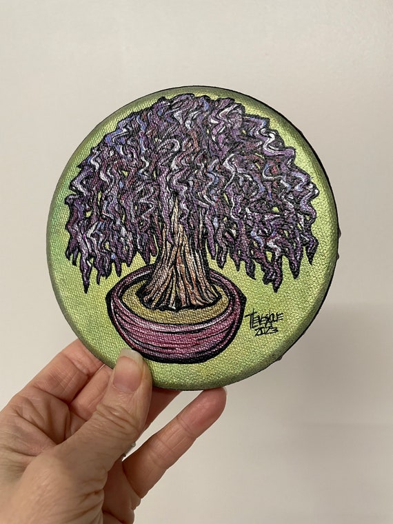 5” Round Lucky Bonsai Wisteria Bonsai Tree Original Acrylic painting by Tracy Levesque