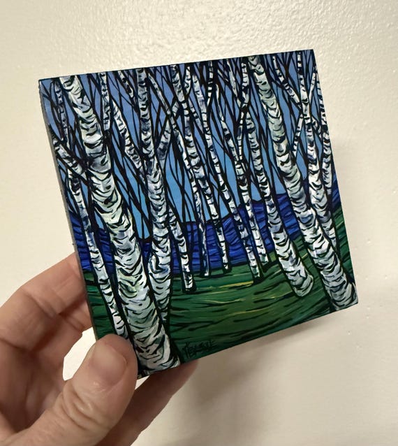 4x4" Early Winter Birch Grove Birch Tree painting by Tracy Levesque