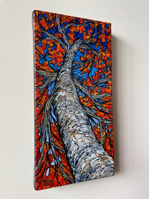 8x16” Paper Birch Fall Foliage View Looking Up the Birch Tree painting by Tracy Levesque