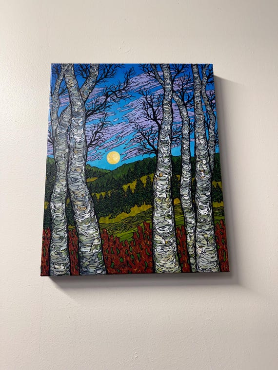 Countryside Vista Birch Tree Painting: Mountain Birch Landscape, 16x20" Original Acrylic