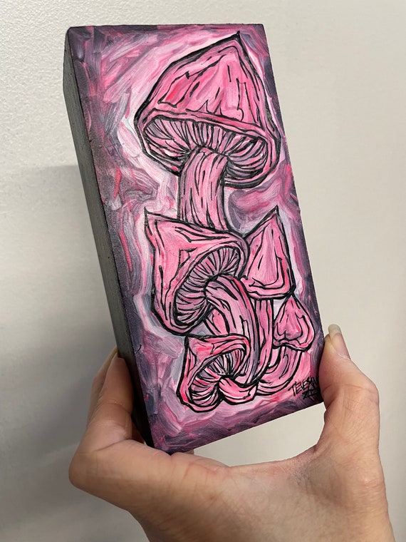 3x6” Glow in the Dark Pink Glow Mushroom  acrylic painting by Tracy Levesque
